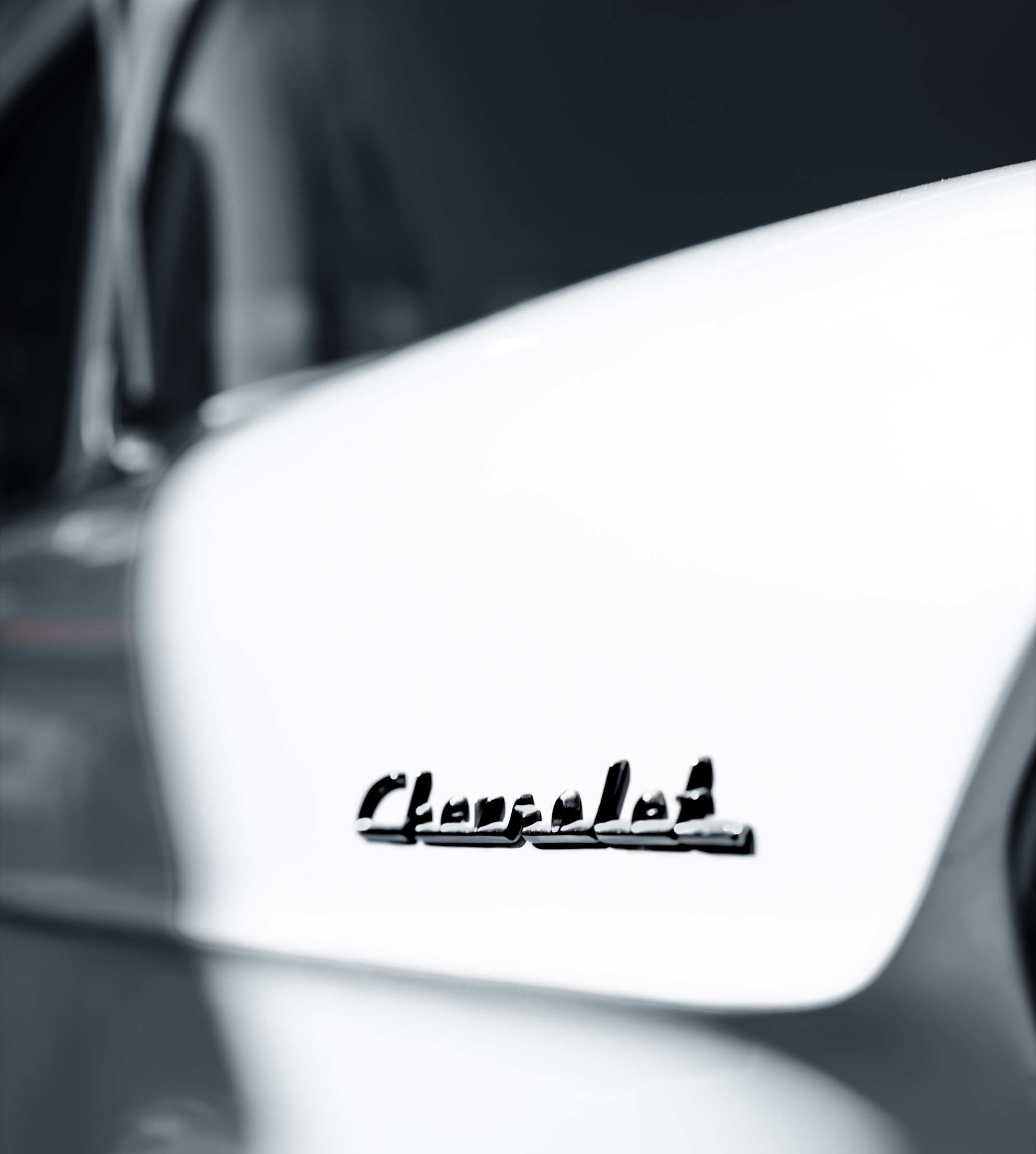 Monochrome Chevrolet script badge on a sculpted white body panel