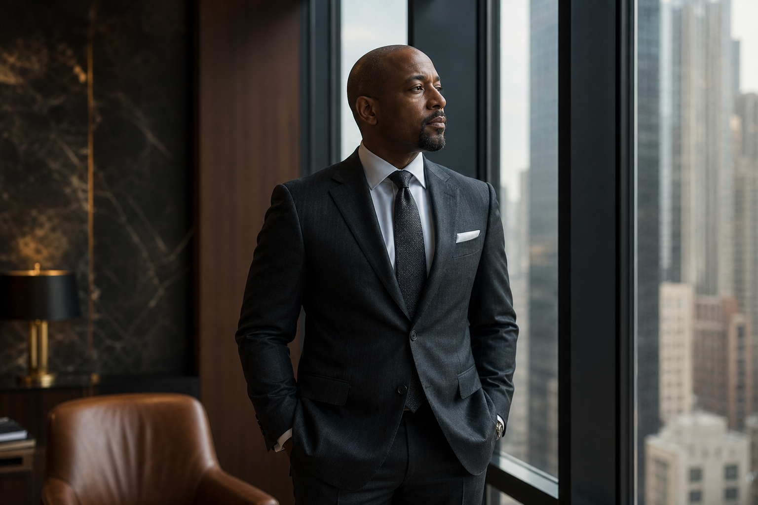 Conceptual executive portrait illustrating the polished lighting, tailored styling, and confident presence of the Wall Street Experience.